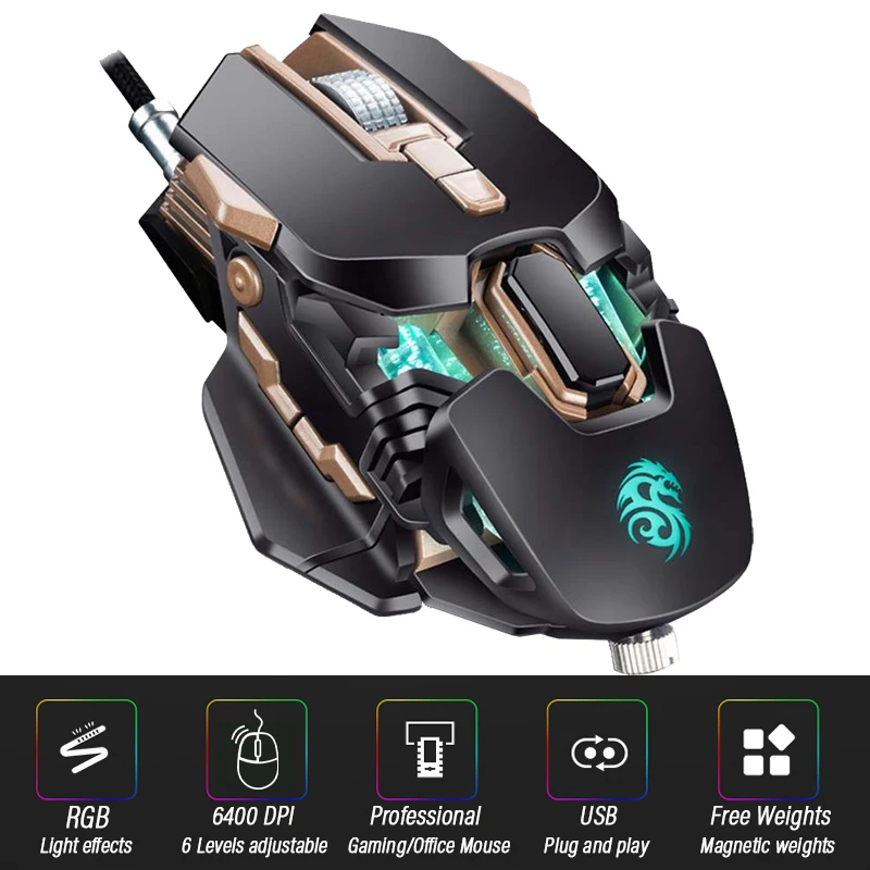 Ergonomic Wired Black Gold Gaming Mouse Gamer Adjustable Tail Changeable Button Mice With Programmable Macro Drive 6400DPI