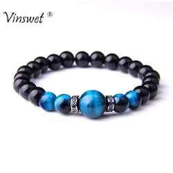 Natural Stone Bracelets Men Royal Blue Tiger Eye Stone Elastic Bracelet Bangle Fashion CZ Charm Black Onyx Beads Pulsera Jewelry