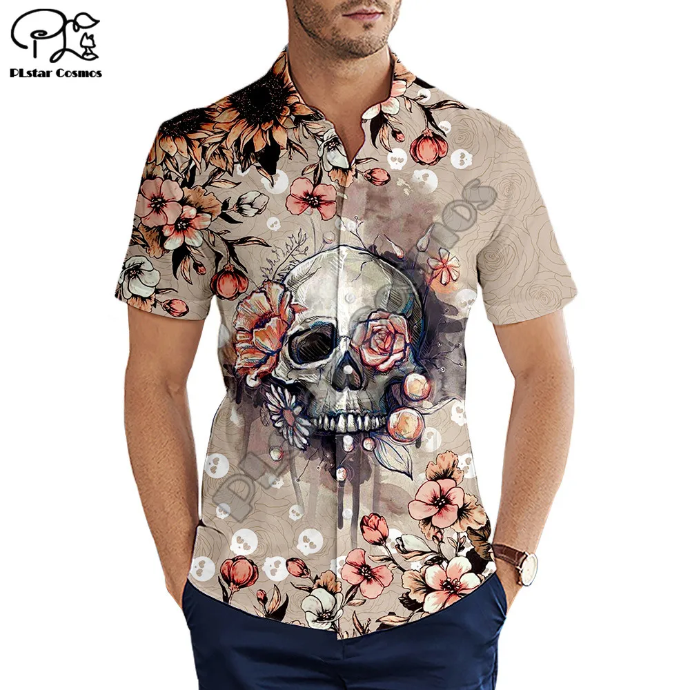 Hawaiian Beach ฤดูร้อนแฟชั่นแขนสั้นเสื้อวินเทจสไตล์ดอกไม้และ Skull พิมพ์3d Mens เสื้อลำลองเสื้อ Harajuku Tee