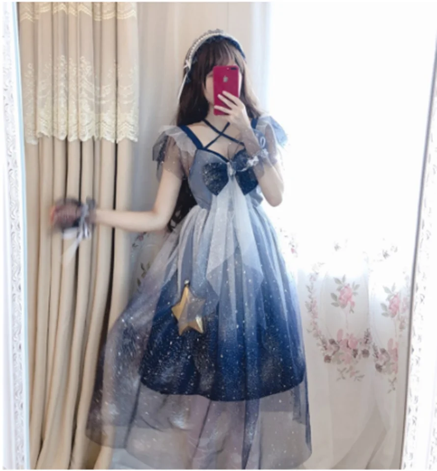 Kawaii girl gothic lolita op loli grenadine fairy bowknot flying sleeve victorian dress Gorgeous starry sky sweet lolita dress