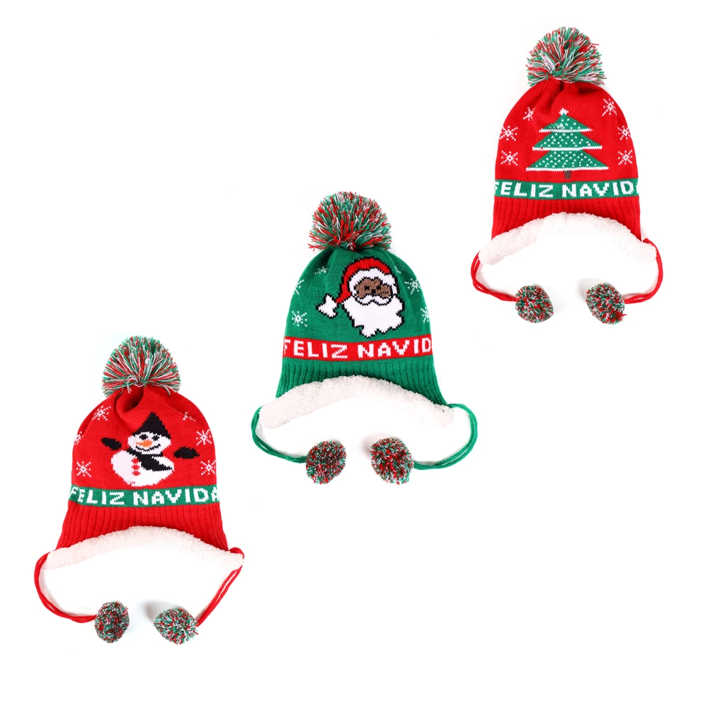 

Fashion Soft Knitted Cartoon Kid Christmas Caps with Pompom Cotton Baby Girl Hats Printted Tree Santa Claus Newborn Bonnet Gifts