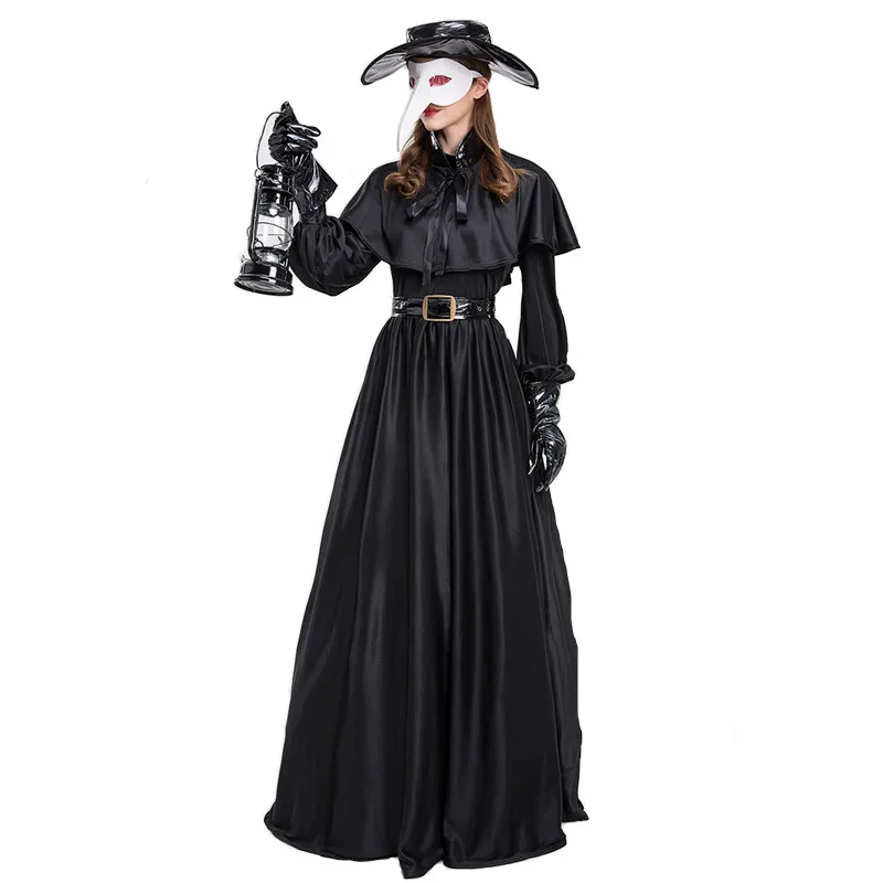 M-XL สีดําผู้หญิง Plague Doctor คอสเพลย์หญิงแม่มดฮาโลวีนเครื่องแต่งกาย Carnival Purim Parade ไนท์คลับบาร์บทบาท Play Party Dress