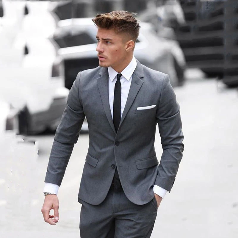 

Grey Men's Classic Suits for Business Slim Fit Groom Tuxedos 2Piece Jacket Pants Costume Homme Terno Masculino Male Blazers