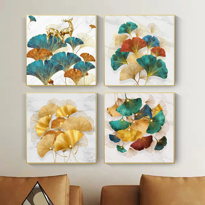 Nordic Gold Leaf Gingko Leaf Picture Luxury Bedroom Living Room Printing Poster Light Luxuri Home Wall Art Decor Canvas Painting