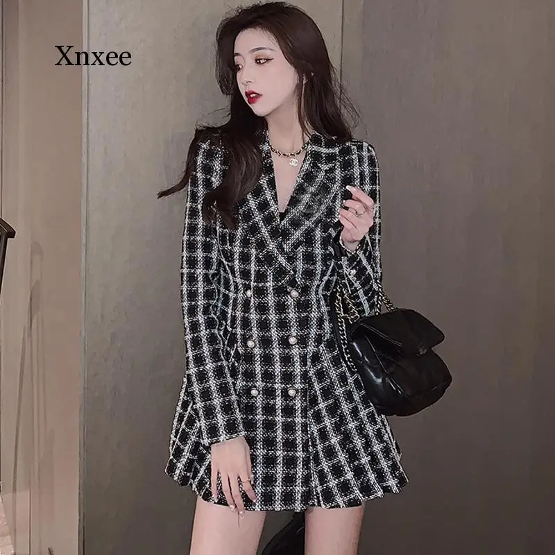 Blazer Dress Short Long Sleeve Plaid Suit Dress French Sexy Women Slim Korean Dress Winter One-Piece Lady Casual Office Clothes