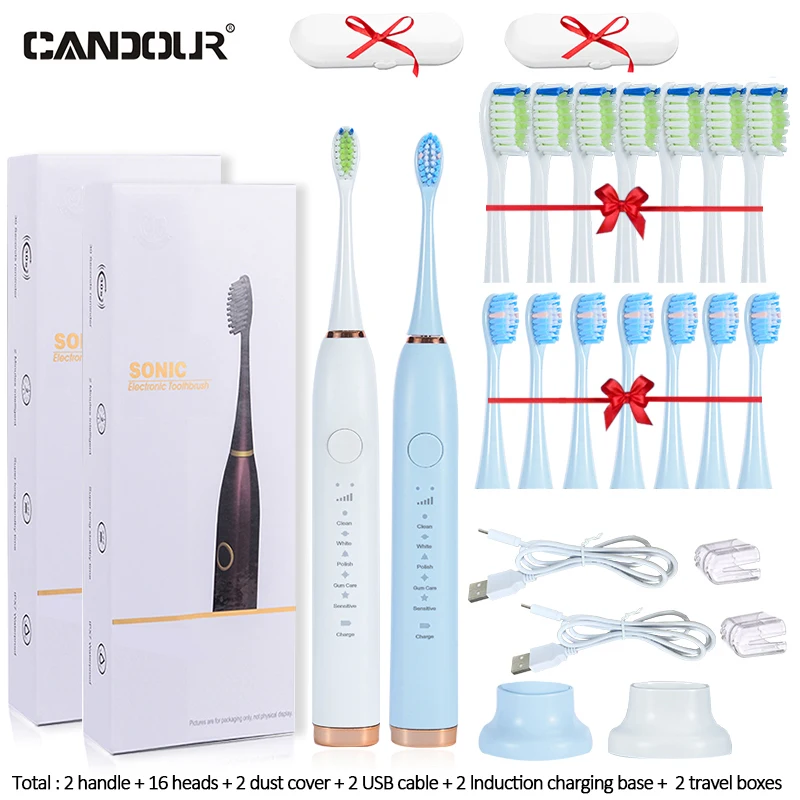 CANDOUR CD5138 Bàn Chải Đánh Răng Điện USB Tặng Cục Sạc Âm Bàn Chải Đánh Răng Dành Cho Người Lớn Thay Thế Đầu Bàn Chải Với 16 Đầu Bàn Chải