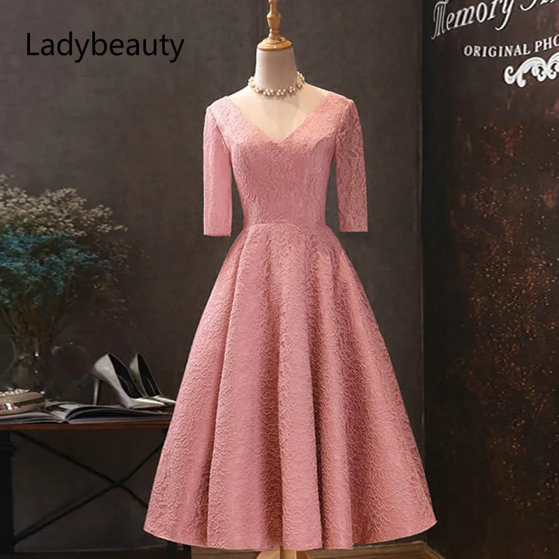 

Prom Dresses Elegant Soybean Plus Size Vestidos De Gala V-neck Half Sleeve Tea Length Dress Women Party Dresses