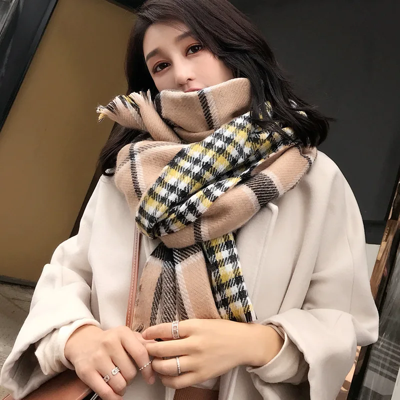 

Fashion color plaid stitch Cashmere-like scarf for women Soft warm Winter tasseled Korean Girls neck scarfs ladies shawls