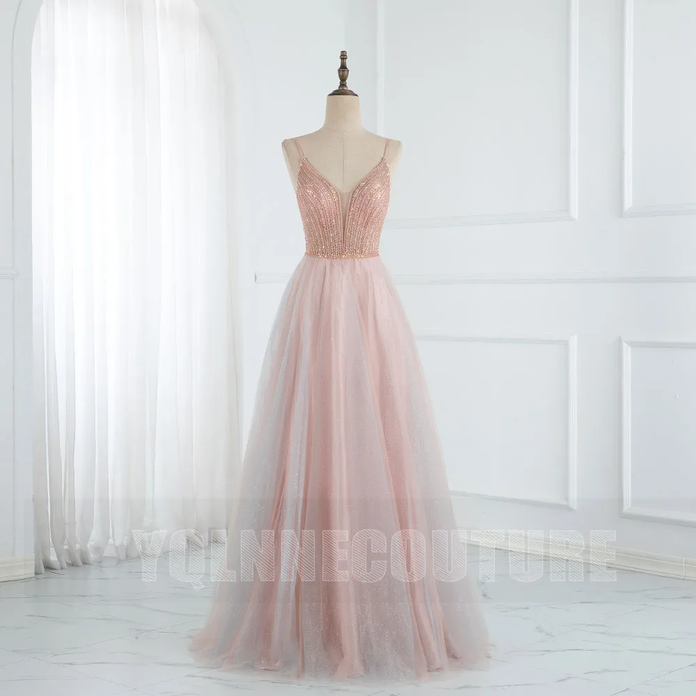 Gaun Prom Panjang Merah Muda Manis Gaun Pesta Tanpa Punggung Berpayet Tulle Glitter Spaghetti Manik-manik Robe De Soiree