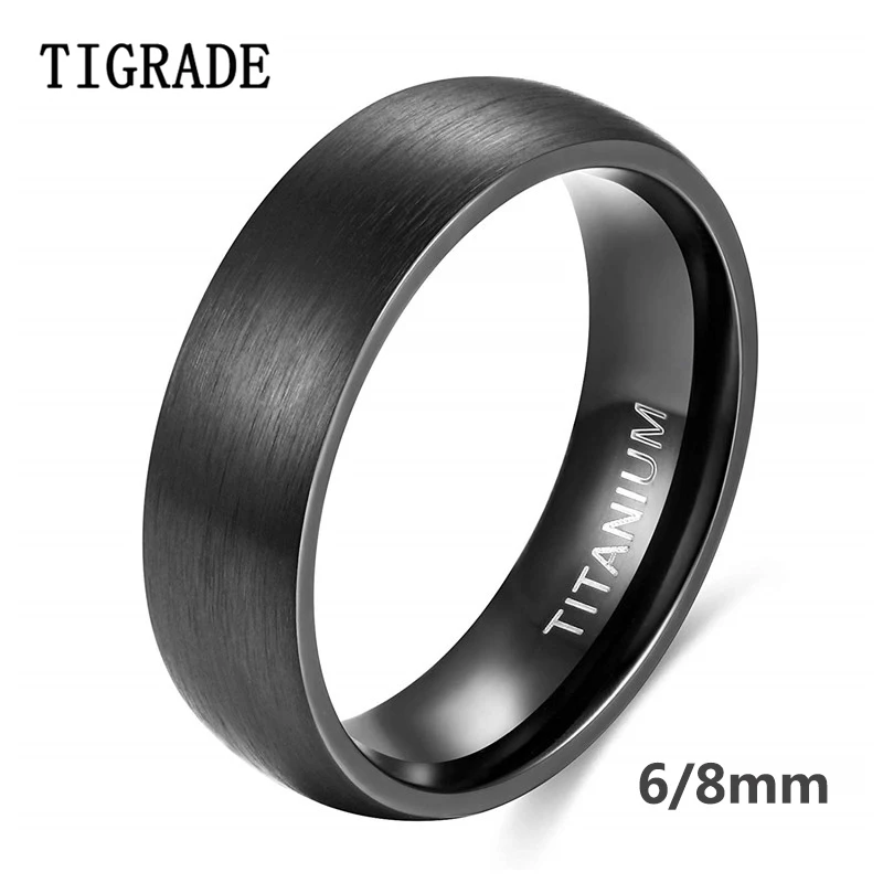Tigrade 6/8mm Czarne pierścionki męskie Szczotkowany męski pierścionek z czystego tytanu Fajna obrączka ślubna dla par Unisex Ciemny anillo hombre Bez alergii