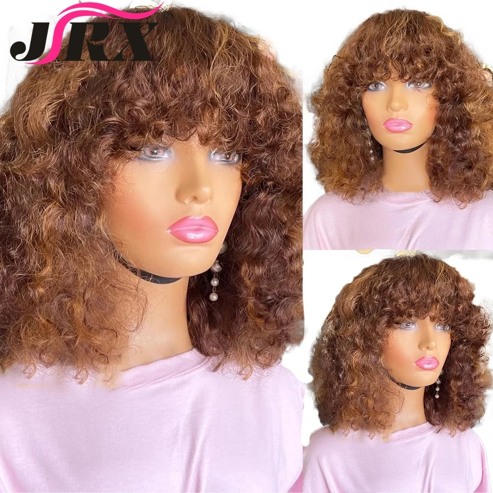 

99j Curly Human Hair Wigs With Bangs Full Machine Made Fringe Honey Blonde Short Curly Bob Wigs Brazilian Remy Hair For Women