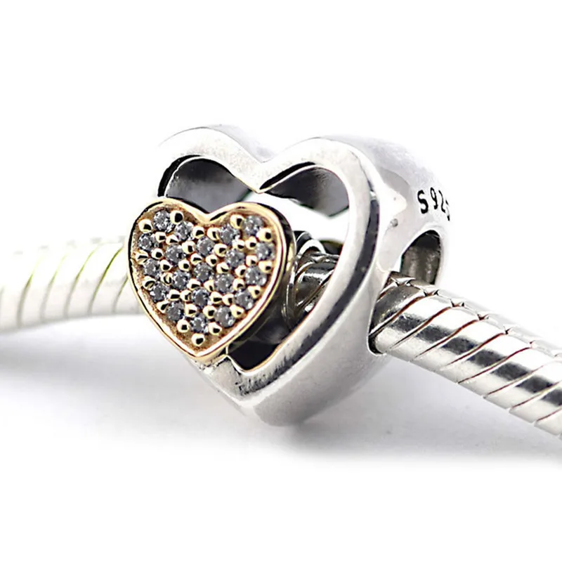 

Authentic 925 Sterling Silver gold color Pave CZ Triple Heart Charm Beads Fit Original Pandora Charms Bracelet jewelry