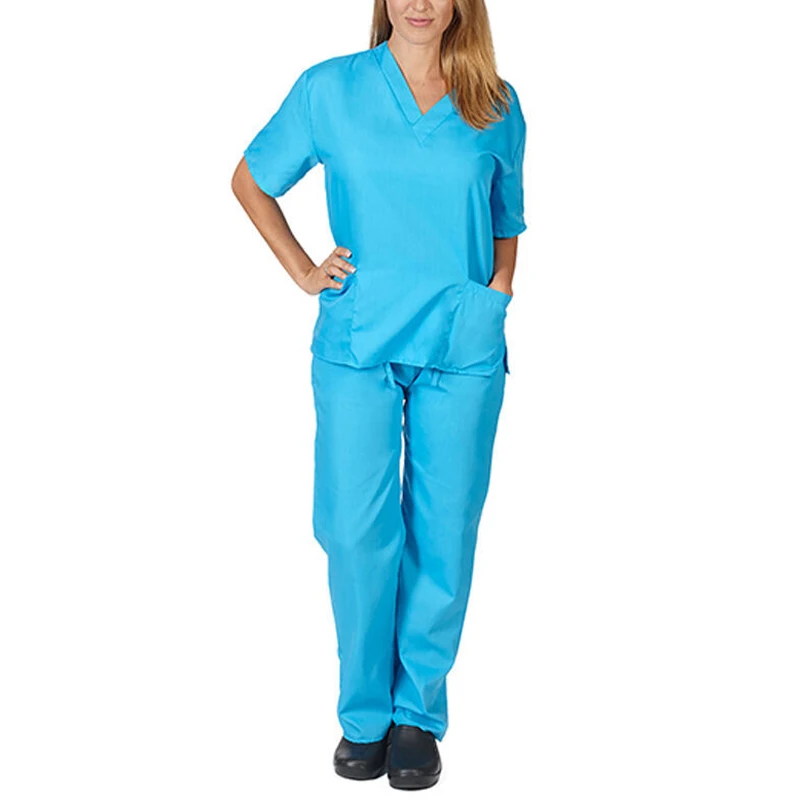 Two Piece Set Solid Color Scrub Suit V-neck Short Sleeved Nursing Uniform Set Tops+Pants Fast-drying Suits