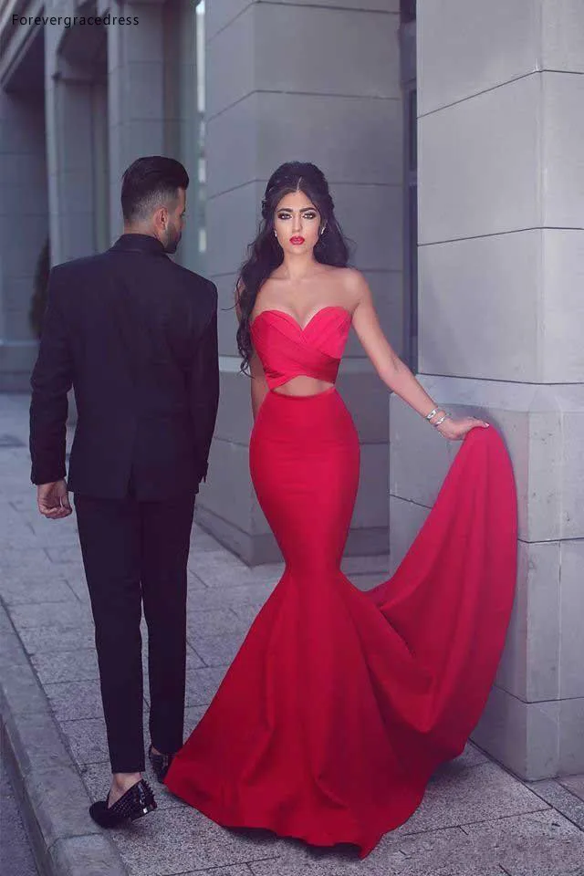 Sleeveless Long Red Two Pieces Backless Prom Dress Saudi Arabian Mermaid Sweetheart Evening Party Gown Custom Made