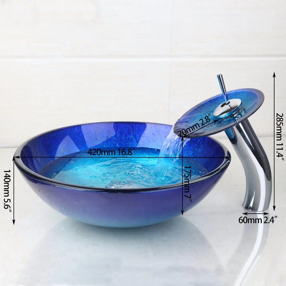 ZAPPO Bule Tempered Glass Bathroom Vessel Sink Bowl Sink for Bathroom with Faucet Tap Combo Deck Mounted Basin Sinks