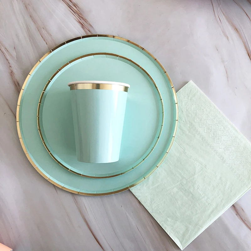 Mint Green Gold Striped Party Disposable Tableware Napkins Paper Straw Cup Plates Birthday Wedding Decoration Party Supplies