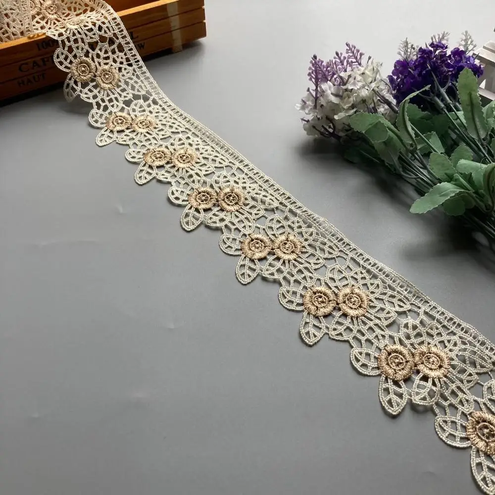 3 Yards 7cm Embroidery Gold Flower Lace Ribbon Trims for Sofa Curtain Trimmings Dress Costumes Applique Beige High Quality New