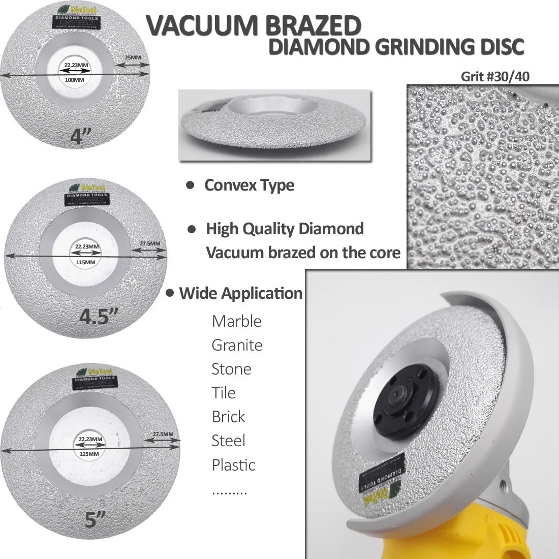 SHDIATOOL 2pcs Diameter 115mm Vacuum Brazed Diamond Grinding Disc Convex Grinding Cup Wheel all Stone and Construction Material