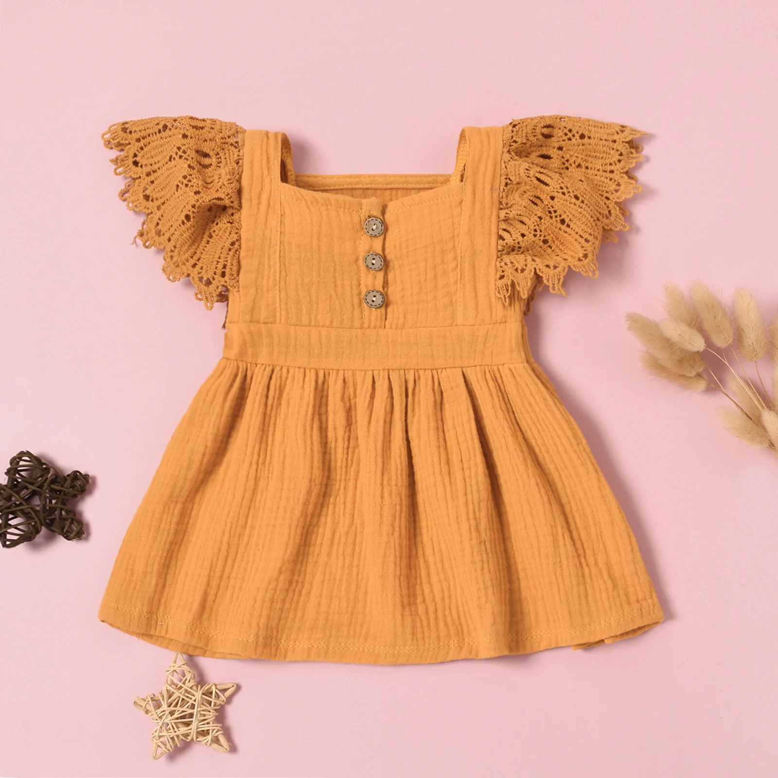 lioraitiin 0-24M Newborn Infant Baby Girls Casual Dress Solid Color Short Fly Sleeves Clothing Yellow/ Grey Blue/ Pink/ Apricot