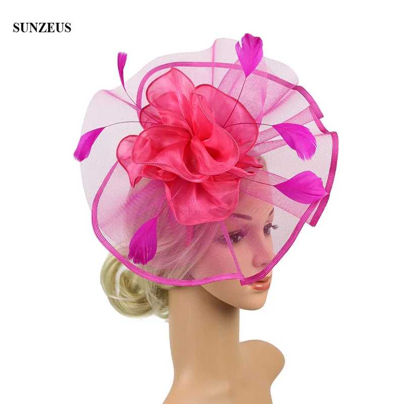 

Fuchsia Wedding Hats Tulle Party Hat With Organza Flowers Elegant Feathers Bridal Hat 2022 SQN039