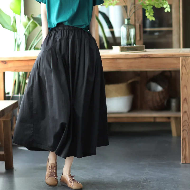 NINI WONDERLAND 2024 Spring Women Cotton Vintage A-line Pleated Midi Skirt Autumn Elastic Waist Casual Loose Skirt Mori Girls