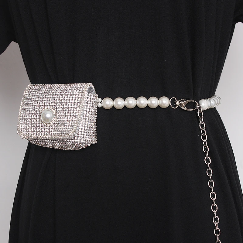 Women's Runway Fashion Diamonds Bag Pearl Chain Cummerbunds Female Dress Corsets Waistband Belts Decoration Narrow Belt TB1636