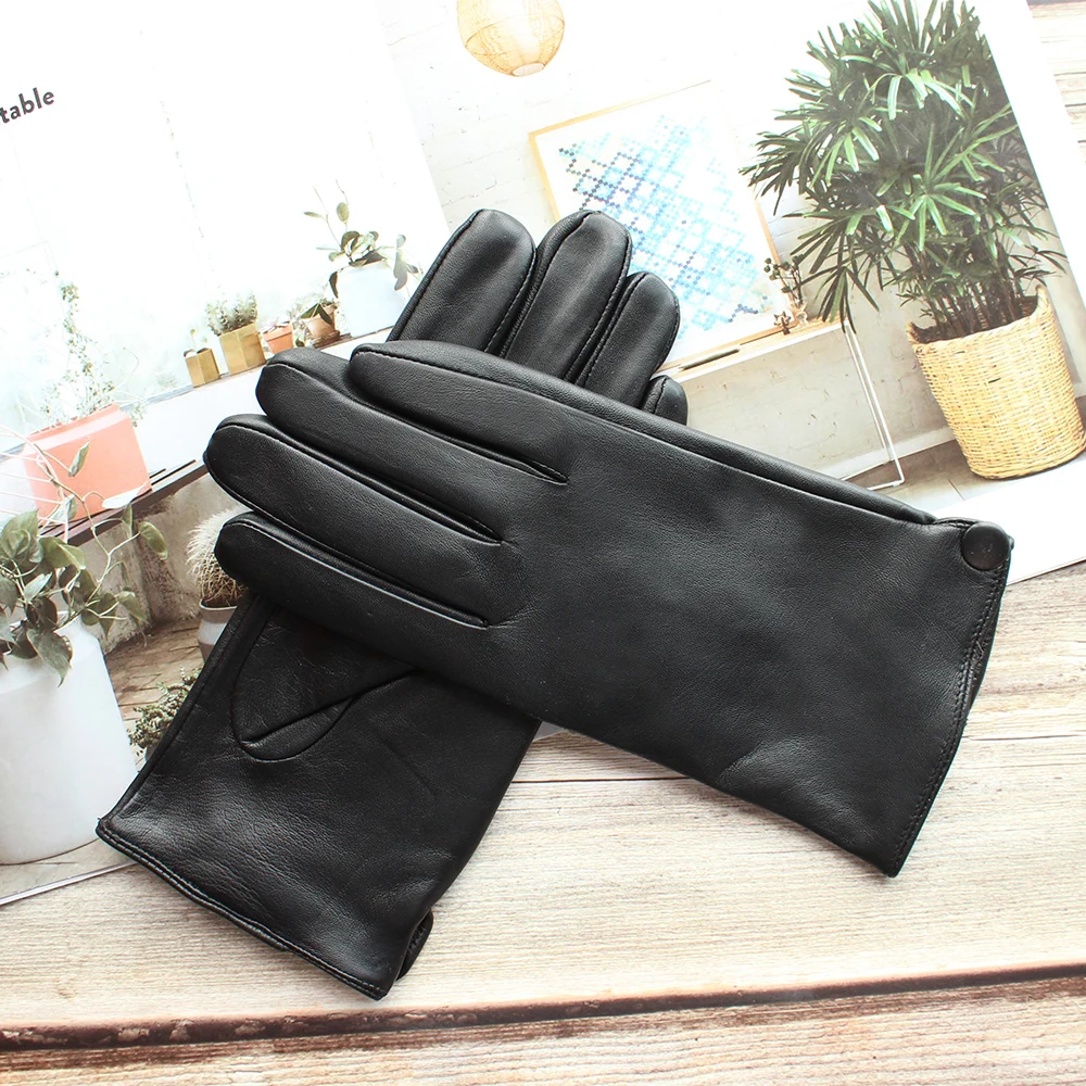 New men\'s imported sheepskin gloves button classic fashion leather gloves long fingers with wool knitted lining gloves