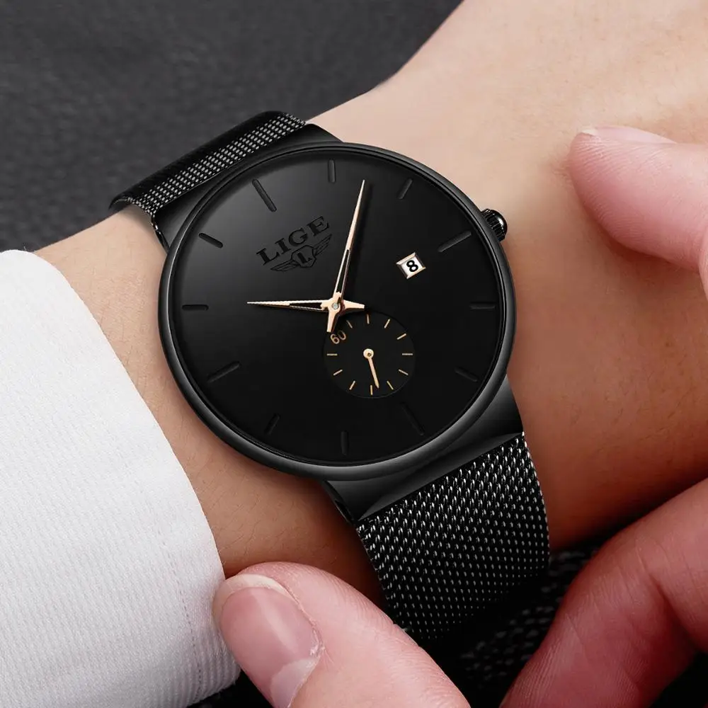 LIGE 2023 Fashion Mens Watches Top Brand Luxury Quartz Watch Men Casual Slim Mesh Steel Waterproof Sport Watch Relogio Masculino