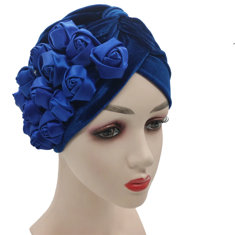 Trendy Rose Flower Turban Bonnet for Women Velvet Hijab Caps Muslim Headscarf Female Head Wraps African Hat