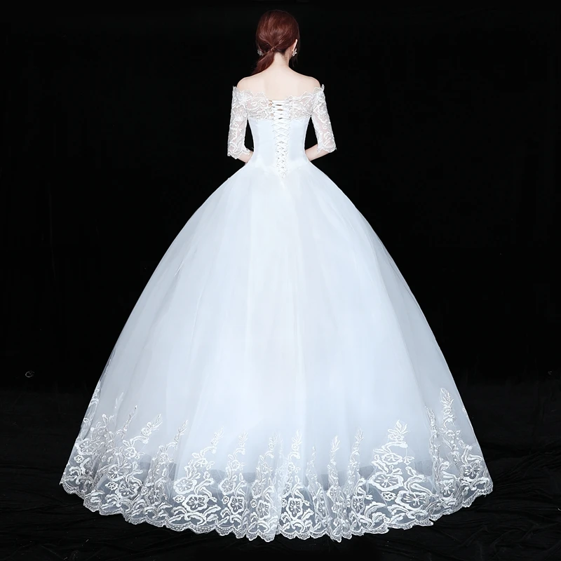 AnXin SH princess flower lace white vintage boat neck half sleeve turkey party bride white ruffles customized wedding dress