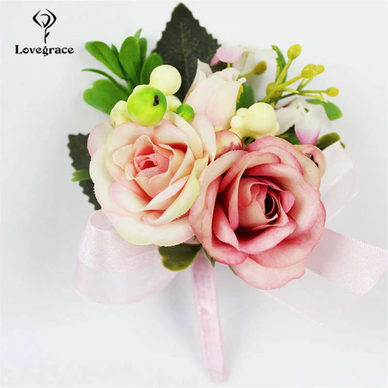 Lovegrace العريس Boutonniere العروس المعصم كورسيج وردة من الحرير البلاستيك بيري فتاة سوار الرجال كورسج الزفاف الديكور