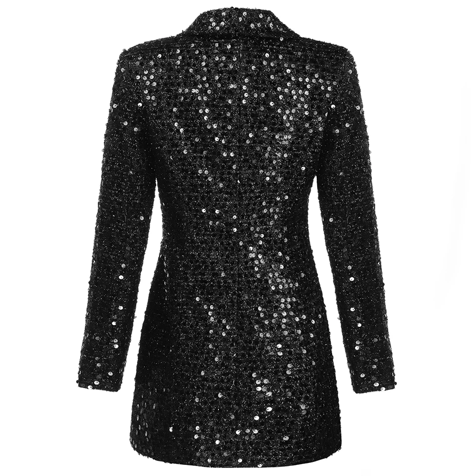 Blazer Dress Sequins Women Spring New Double Silver Lion Button Shawl Collar Bling Glitter Black Long Blazer Jacket