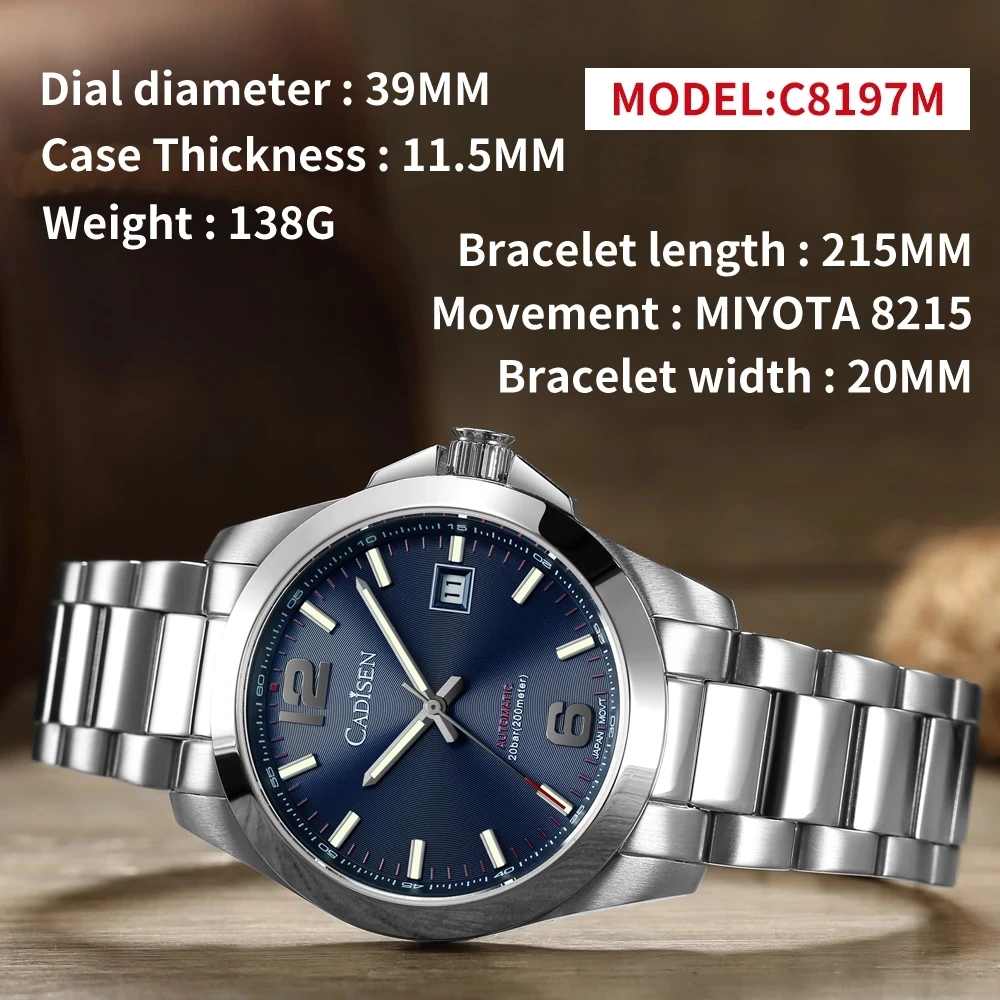 CADISEN Men's Business Watches Sapphire Crystal Luxury MIYOTA Mechanical Automatic Wristwatch Stainless Steel 200m Waterproof