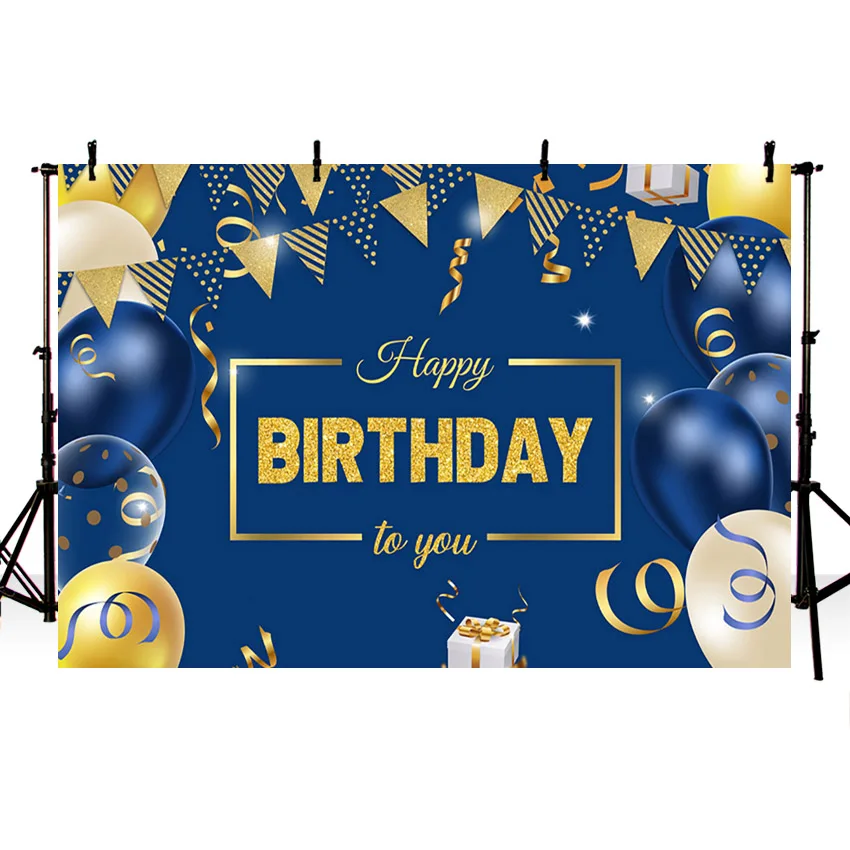 Avezano Fotografie Achtergrond Goud Blauw Ballonnen Vlag Confetti Jongen Man Volwassenen Verjaardagsfeestje Achtergrond Fotostudio Photophone