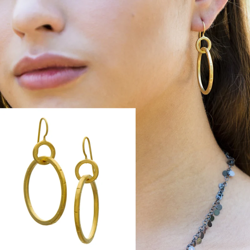 Fashion Jewelry Big Two Circle Drop Earrings For Women Simple Style Brinco Gold Color Metal Link Connected Round Dangle Earring