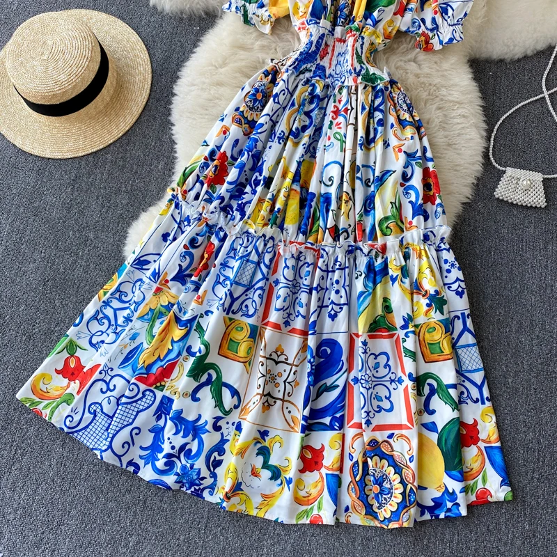 New Summer Women Sexy Slash Neck Off Shoulder Slim Long Dress High Quality Vintage Blue and white porcelain Print Runway Dress