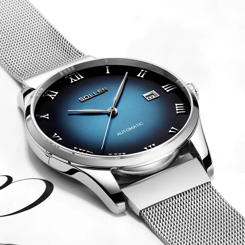 

SOLLEN Switzerland Luxury Automatic Men's Mechanical Watch Sapphire Crystal Waterproof Mesh Belt Ultra-Thin Case Clock SL9012