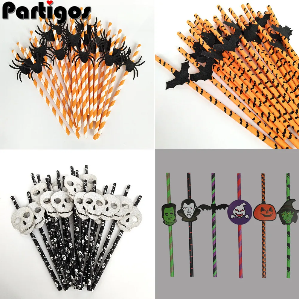 25pcs Environmental Halloween Paper Straws White Black Orange Bat Ghost Pumpkin Drinking Straws Halloween Birthday Party Decor