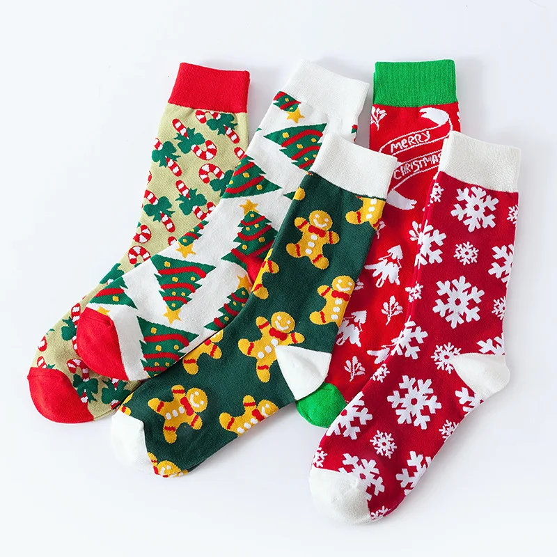 5pairs winter Cartoon Christmas socks gift for girls Ornaments Christmas tree snowflake gingerbread man Happy New Year Supplies