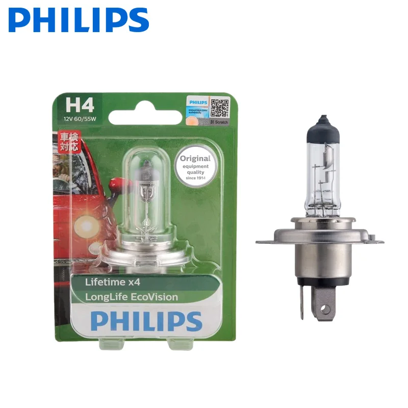 1X Philips H4 9003 12V 60/55W P43t Longlife EcoVision Car Halogen Head Light Original Lamp Auto Bulb High Low Beam 12342LLECOB1