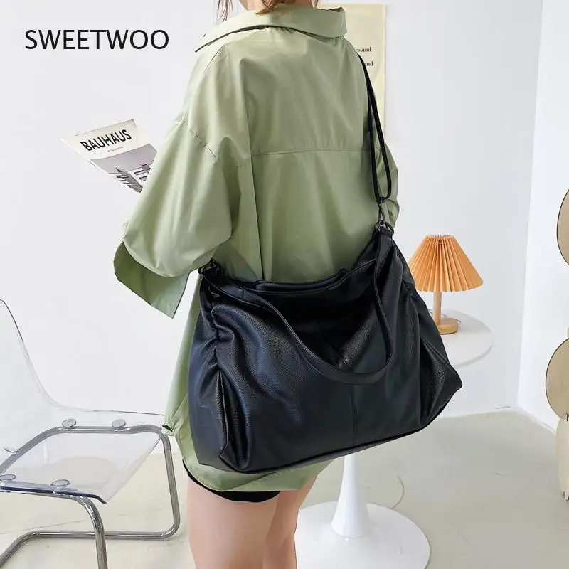 Big Black Shoulder Bags for Women Large Hobo Shopper Bag Solid Color Quality Soft Leather Crossbody Handbag Lady Travel Tote Bag