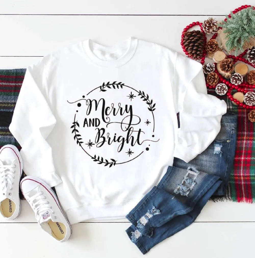 

Harajuku Merry and Bright Christmas Sweatshirt Cotton Casual Aesthetic Clothing Crewneck Pullovers Full Long Sleeve cute Shirt