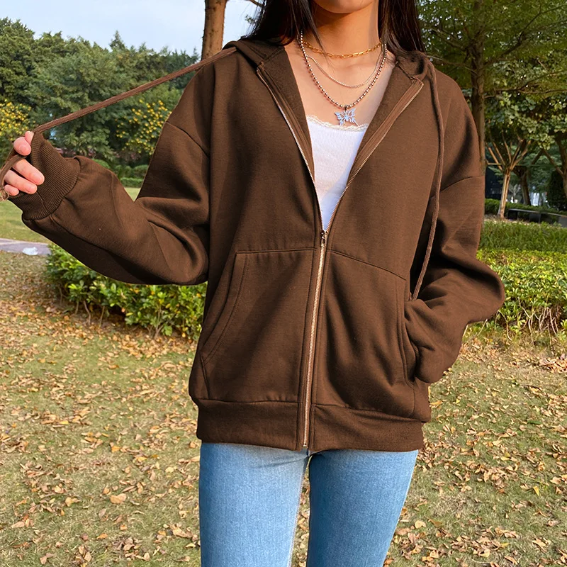 BiggOrange Brown Zip Up Sweatshirt Winter Jacket Clothes oversize Hoodies Women plus size Vintage Pockets Long Sleeve Pullovers