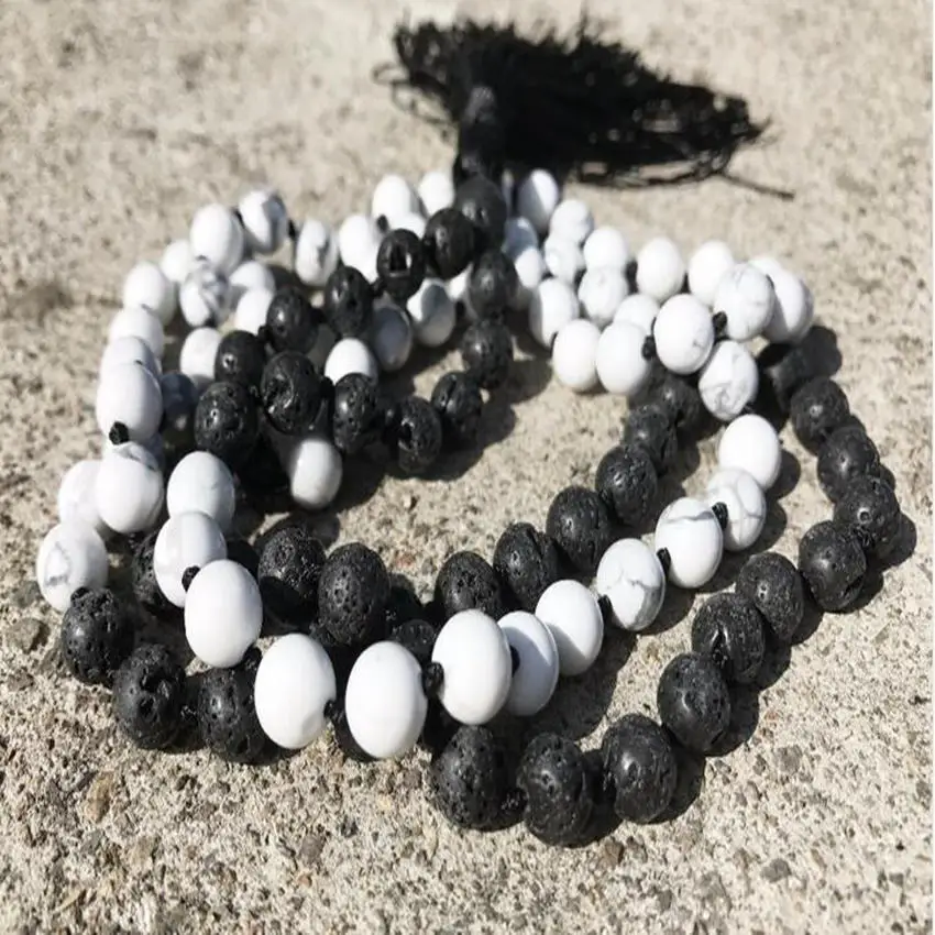 

8mm Natural black Lava Howlite Gemstone 108 Beads Mala Necklace pray cuff Buddhist Wrist Buddhism Gemstone yoga Healing MONK