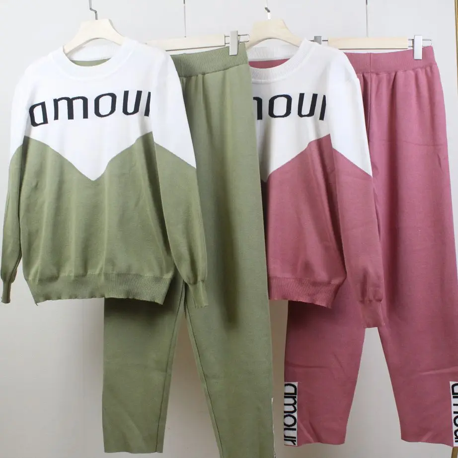 Fall Winter New Knitted Tracksuit Women Sportswear Panelled Letter 2 Piece Set Casual Pullover Sweater Pants Set Loungewear Suit