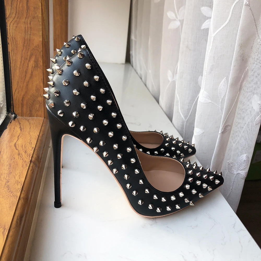 Tikicup Silver Spikes Women Black Matte Sexy Stiletto High Heels Ladies Wild Party Club High Heel Shoes 8cm 10cm 12cm Customize