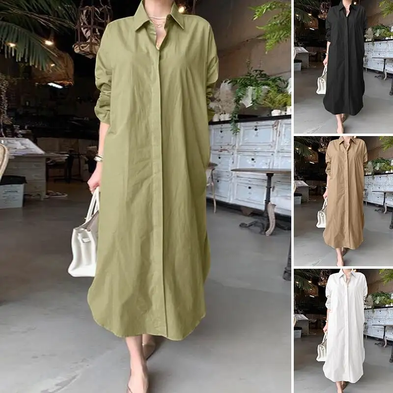 ZANZEA Elegant Women Shirt Dress Spring Fashion Long Sleeve Buttons Down Vestidos Chic Casual Office Ladies Solid Sundress Robe