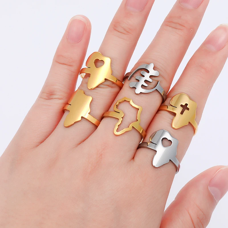 African Ring Women Girls Africa Outline Map Rings Stainless Steel adjustable African Birthday Gifts Wedding Parties