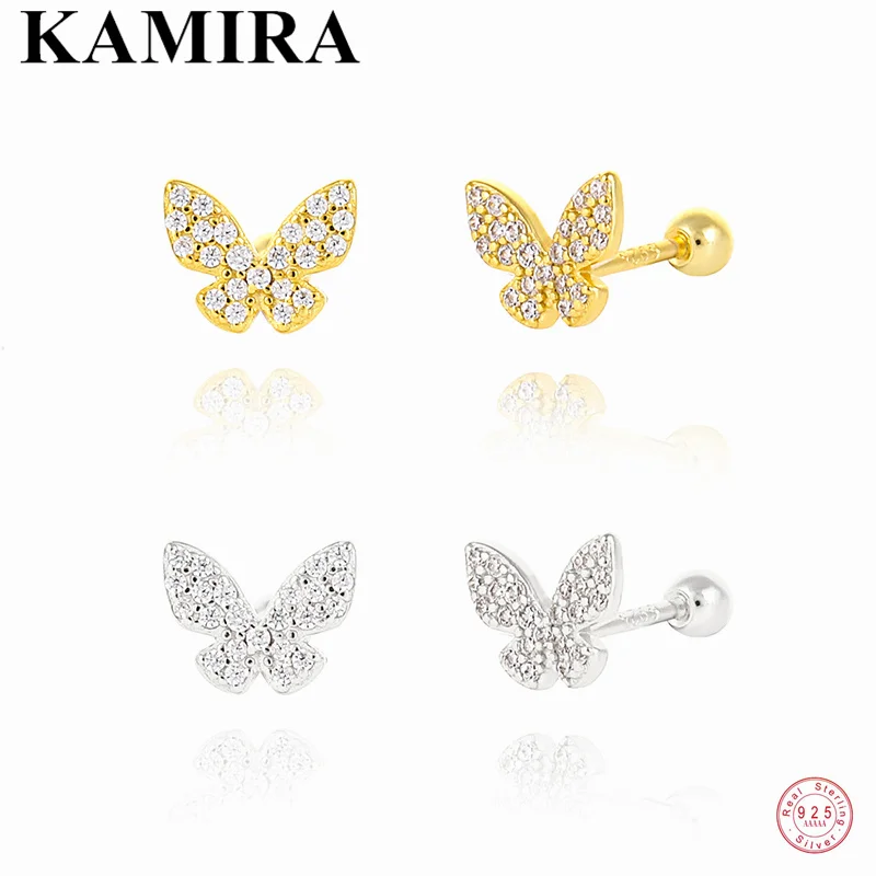 KAMIRA 925 Sterling Silver Romantic Simple Butterfly Zircon Spiral Bead Stud Earrings for Women Party Charm Lovely Sweet Jewelry