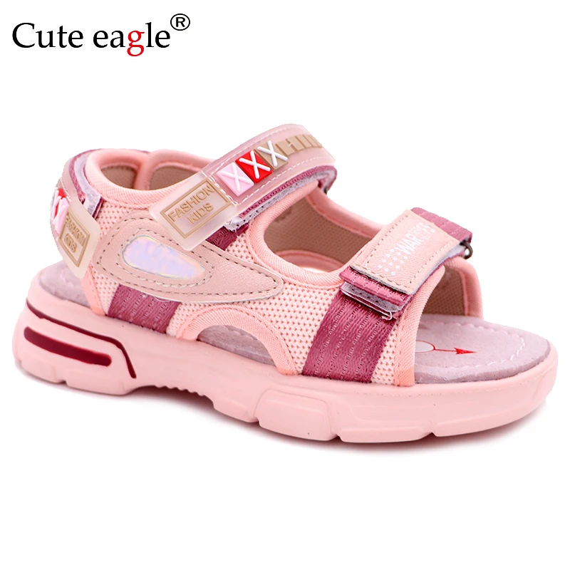 Girls Summer Open Toe Hook and Loop Beach Walking Sports Sandals Child Comfortable Pig leather insole EVA sole Roman sandals